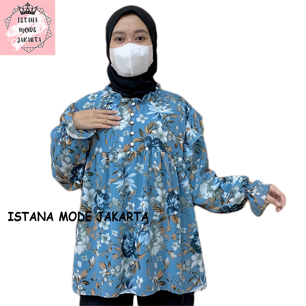 ISTANA MODE JAKARTA Zira baju atasan wanita terbaru blouse korean style blouse wanita lengan panjang-BUNGA BIRU 4