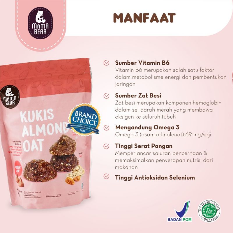 [Best Seller] Kukis Almond Oat Mama Bear 150 gr Choco Chip, Cookies n Cream, Kurma - Cookies Almond Mama Bear