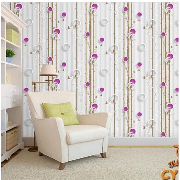 Wallpaper Dinding Motif Pohon Polkadot Ungu Ukuran 45cm x 10m