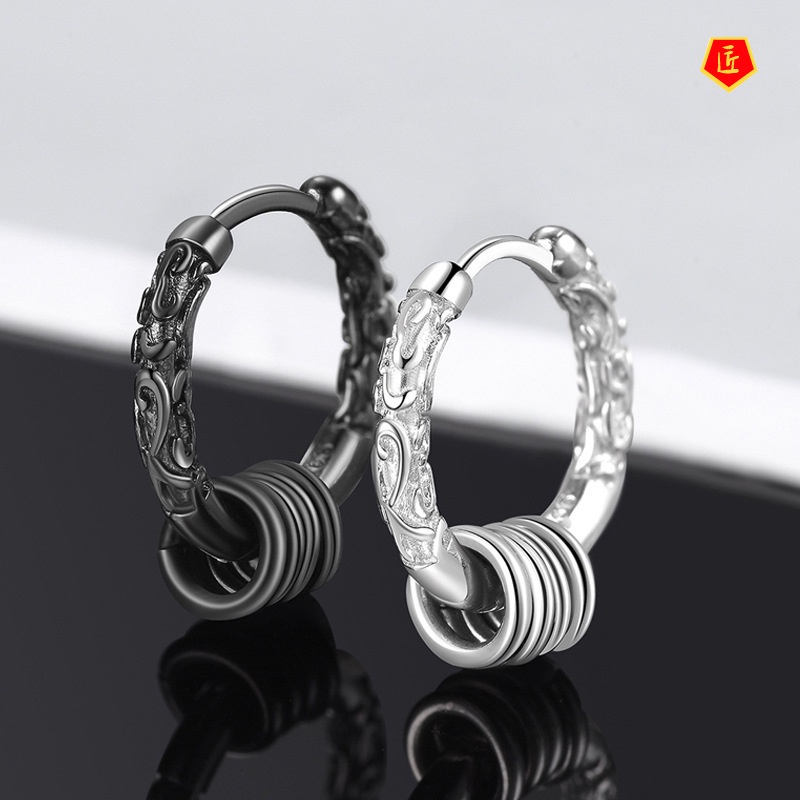 [Ready Stock]Silver Men's Black Gold Earrings New Fashion Hip Hop