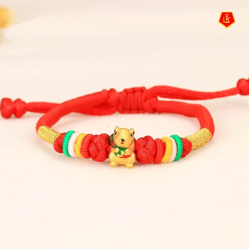 [Ready Stock]3D Golden Travel Mouse Lucky Beads Red Rope Bracelet