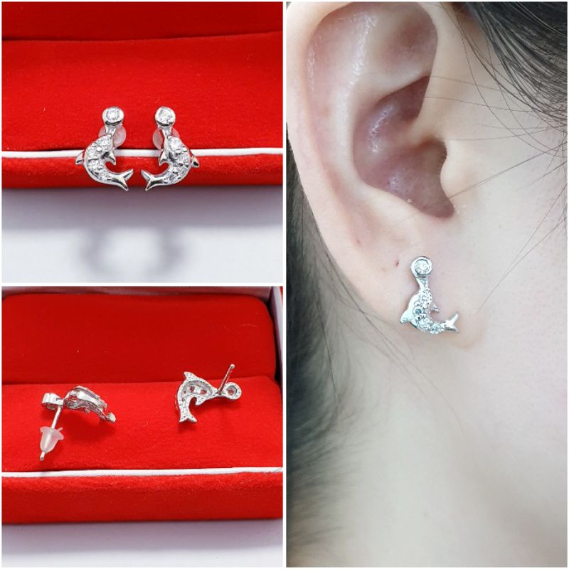 Silver 925 Anting Giwang Lapis Emas Putih - Anting Tusuk Stud Model Dolphin Perak 925