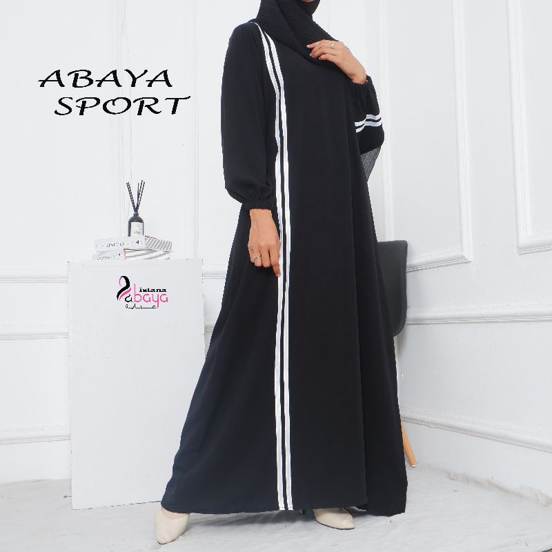 abaya List Sport dg aksen list pita putih yg elegan cantik simpel sporty