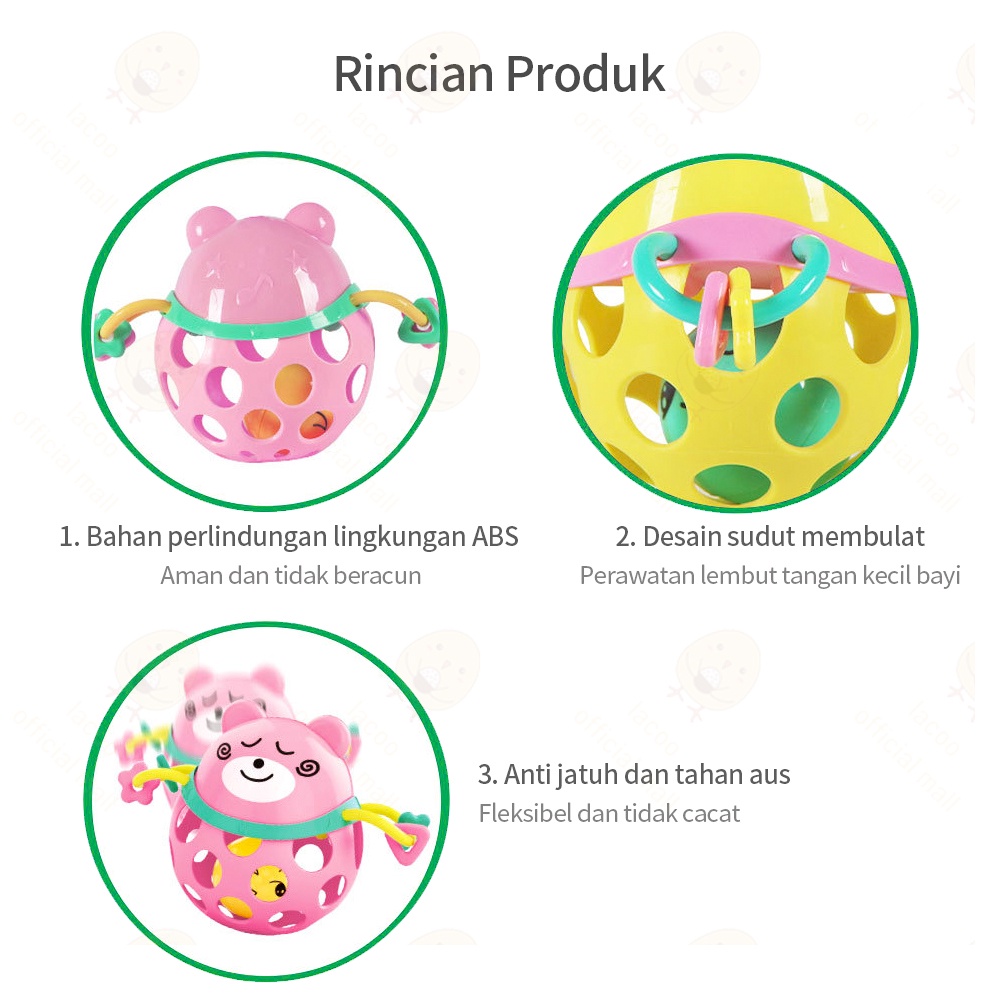 Lacoo Mainan rattle bayi kartun mainan bola anak karet lembut