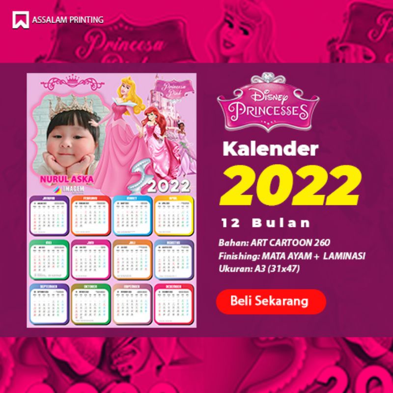 

Kalender Dinding 2022 | Disney Princess Karakter | Custom