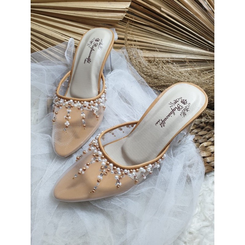 sepatu Camela sexy jaring mutiara tinggi 7cm kaca