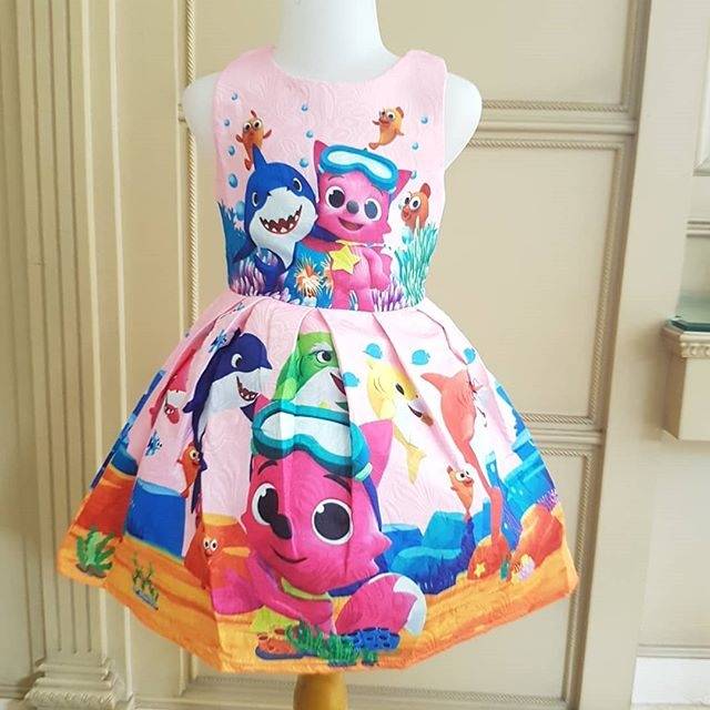 GA2605 BABY SHARK DRESS PINK  GAUN  ANAK  PEREMPUAN  PINK  BABY 