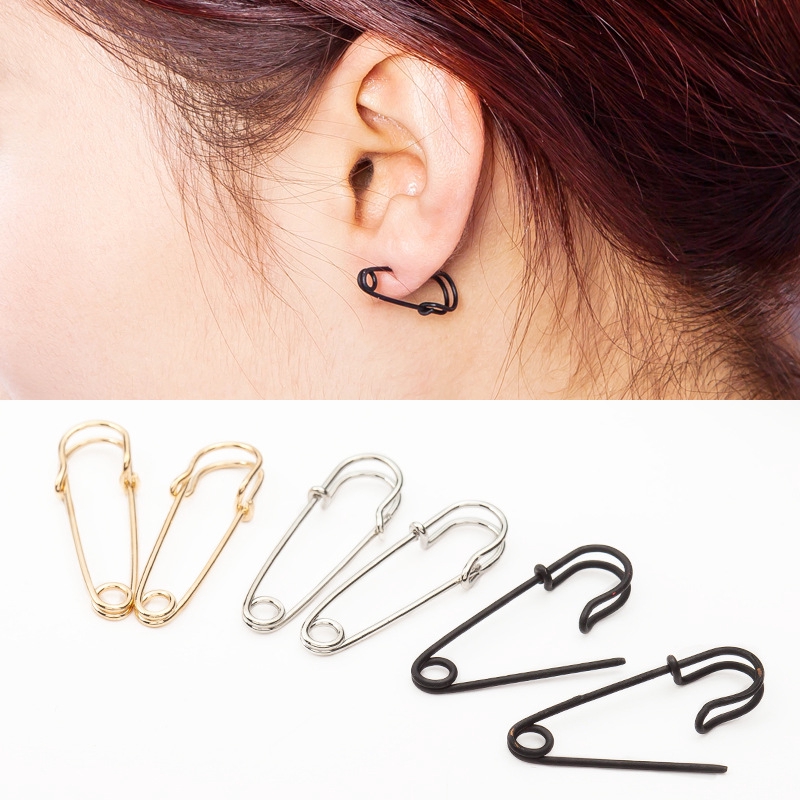 Anting Tusuk Hoop Bentuk Peniti Warna Emas/Silver/Hitam