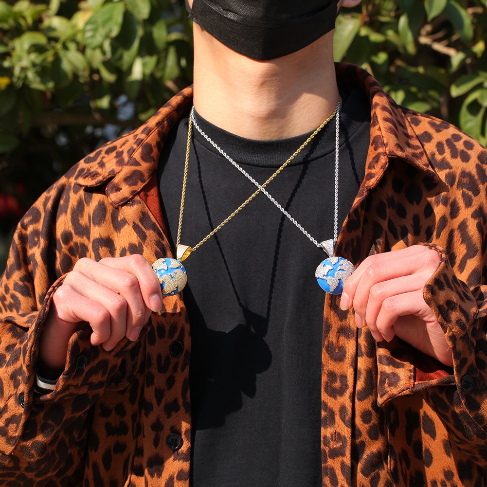 Kalung Liontin Batu Zircon Biru Gaya Hip hop Eropa Dan Amerika Untuk Pria