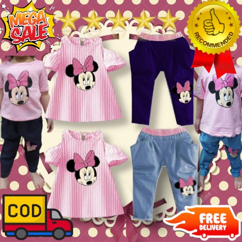 VISION ONLINE [GRATIS ONGKIR COD] SETELAN STRIPY MINNIE PINKY BAJU ANAK PEREMPUAN CEWEK SETELAN SABRINA ANAK PEREMPUAN UMUR 1 2 3 4 TAHUN IMPORT/ KAOS ANK BAYI CEWEK MURAH CELANA DENIM PANJANG LENGAN PENDEK KOREA KEREN TERBARU KEKINIAN