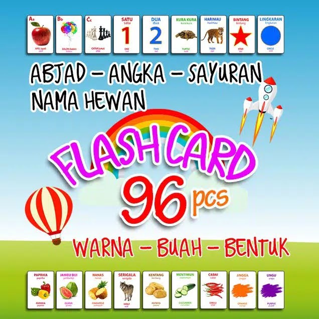Flash Card Anak 96 kartu Lengkap (Huruf, Angka, Hewan, Warna, Bentuk, Buah, Sayur) dalam Bahasa Indo
