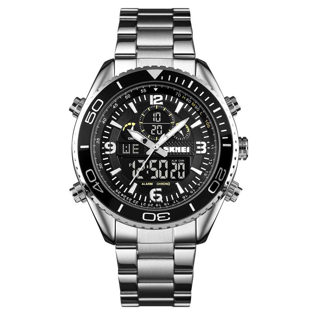 Jam Tangan Pria Dual Time SKMEI Men Stainless Sport LED Original AD1600 Silver-0