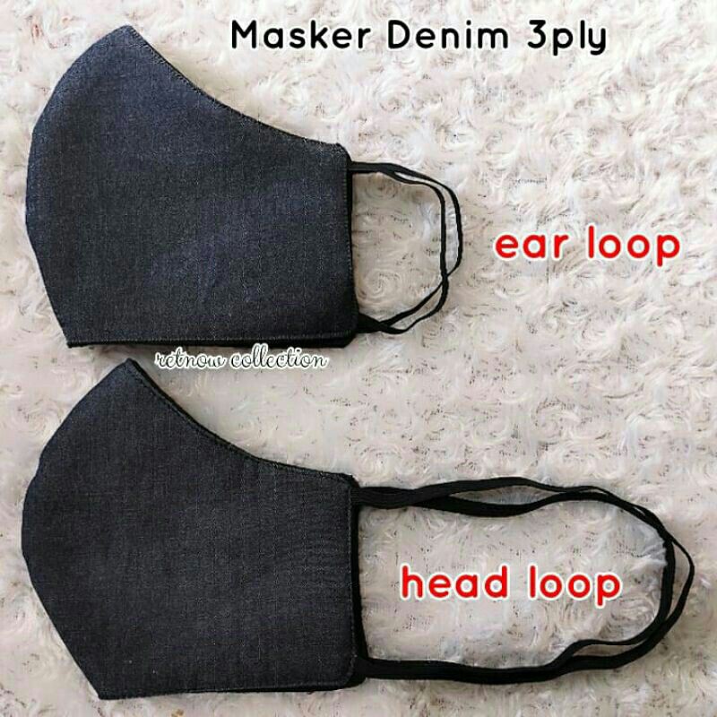 Masker Denim 3ply kain katun jeans karet hitam hijab telinga head ear loop grosir murah