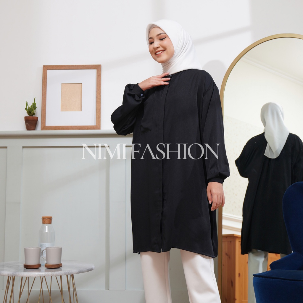 NIMI Atasan Tunik Kanaya Long Tunik Oversize Kemeja Panjang Polos Wanita Kancing Tutup Lady Zara Busui Friendly