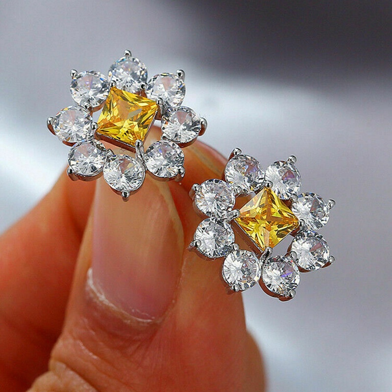 Yellow CZ Flower Earrings Female Bling Bling Wedding Engagement Party Ear Stud Luxury Silver Color Women Fashion Jewelry