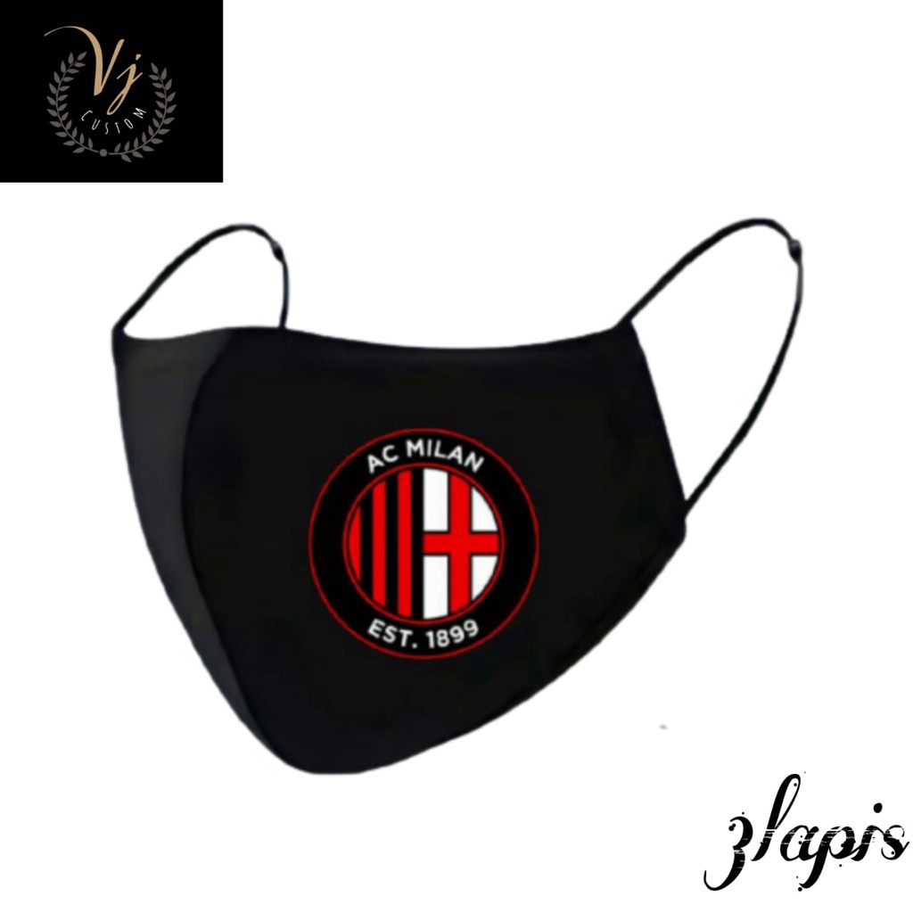 Masker Kain 3 Lapis  Motif Logo Gambar Club Bola AC MILAN ACM 3ply Earloop 4D Pria / wanita