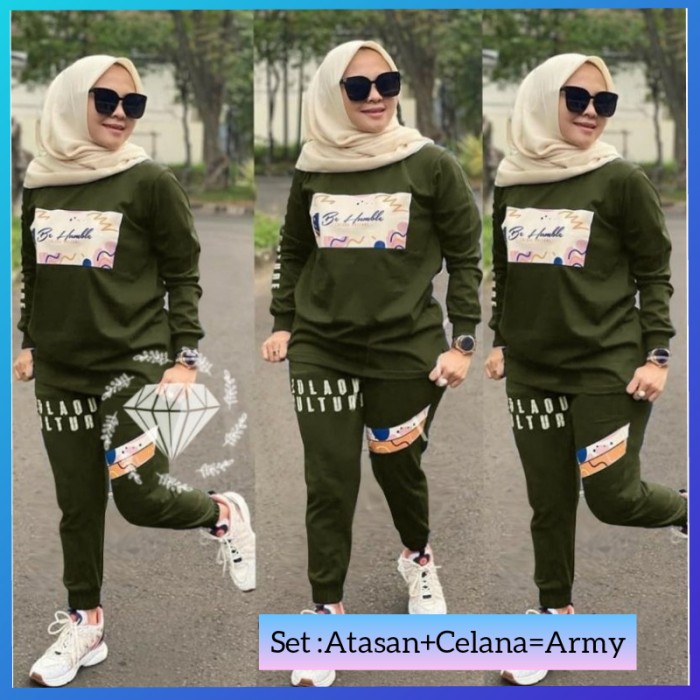 setelan olahraga wanita jumbo baju+celana muble senam zumba yoga army