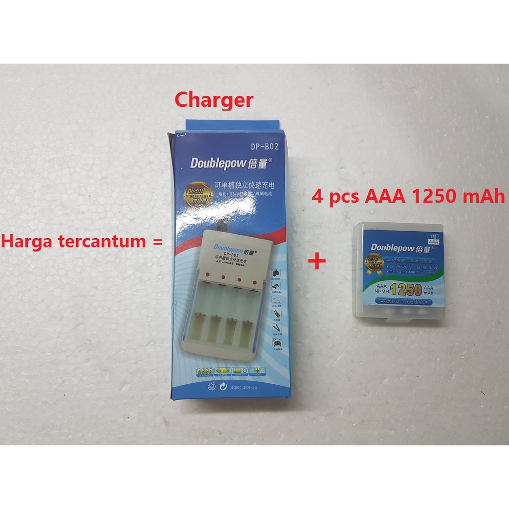 Paket charger 4 slot in 1 + 4 pcs bat rechargeable cas AAA 1250 mAh untuk baterai remote AC TV mouse