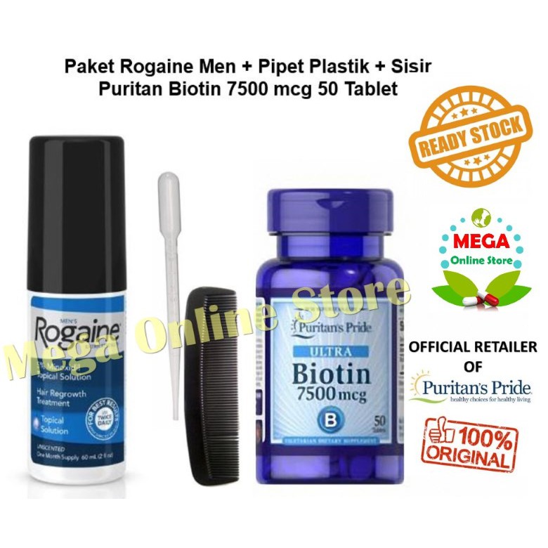 Paket Rogaine Men Minoxidil 60 ml + Puritan Biotin 7500 mcg 50 Tablet