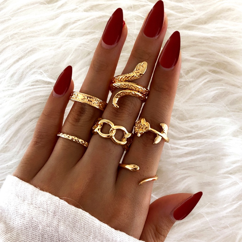 Vintage Gold Rings Set Pearl Crystal Adjustable Snake Butterfly Ring for Women Jewelry Fashion Accessories