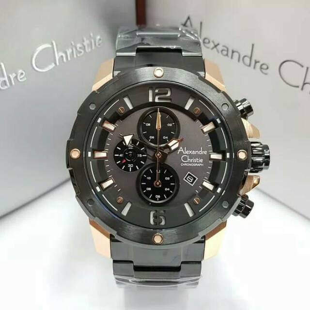 Jam Tangan Pria Original Alexandre Christie Rantai AC 6410 Black Rosegold Original AC6410