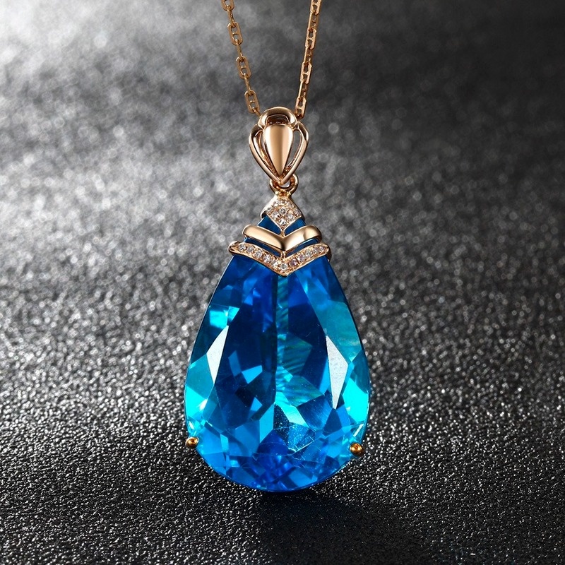 [Ready Stock]Fashion Inlaid Color Gem Drop Pear-Shaped Pendant 18K Rose Gold Plated Necklace