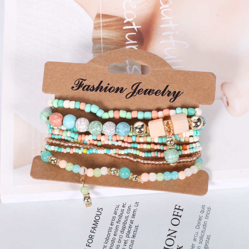 8pcs / Set Gelang Manik-Manik Batu Kristal Warna-Warni Multilayer Gaya Bohemia Etnik Untuk Wanita