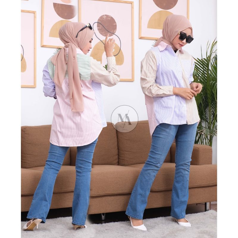 Kemeja wanita casual kombinasi - lengan panjang longgar model versi baju kemeja Korea - salur - kotak-Salur kombinasi