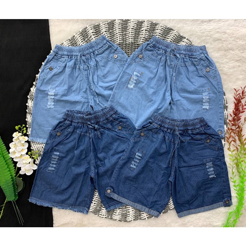 CELANA PENDEK HOTPANTS JUMBO BIG SIZE SOFT JEANS WANITA SELUTUT PINGGANG KARET TALI BAWAH LIPAT RAWIS BAHAN LEMES ADEM