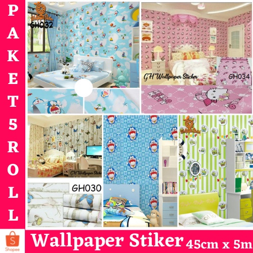 WALLPAPER STIKER DINDING PAKET HEMAT 5 ROLL ( BUY 4 GET 1 FREE ) WALLPAPER STICKER DINDING/ WALLPAPER RUANG TAMU/ WALLSTICKER/ MOTIF KARAKTER  DORAEMON  / KEROPI / HELLOKITYY BEST SELLER