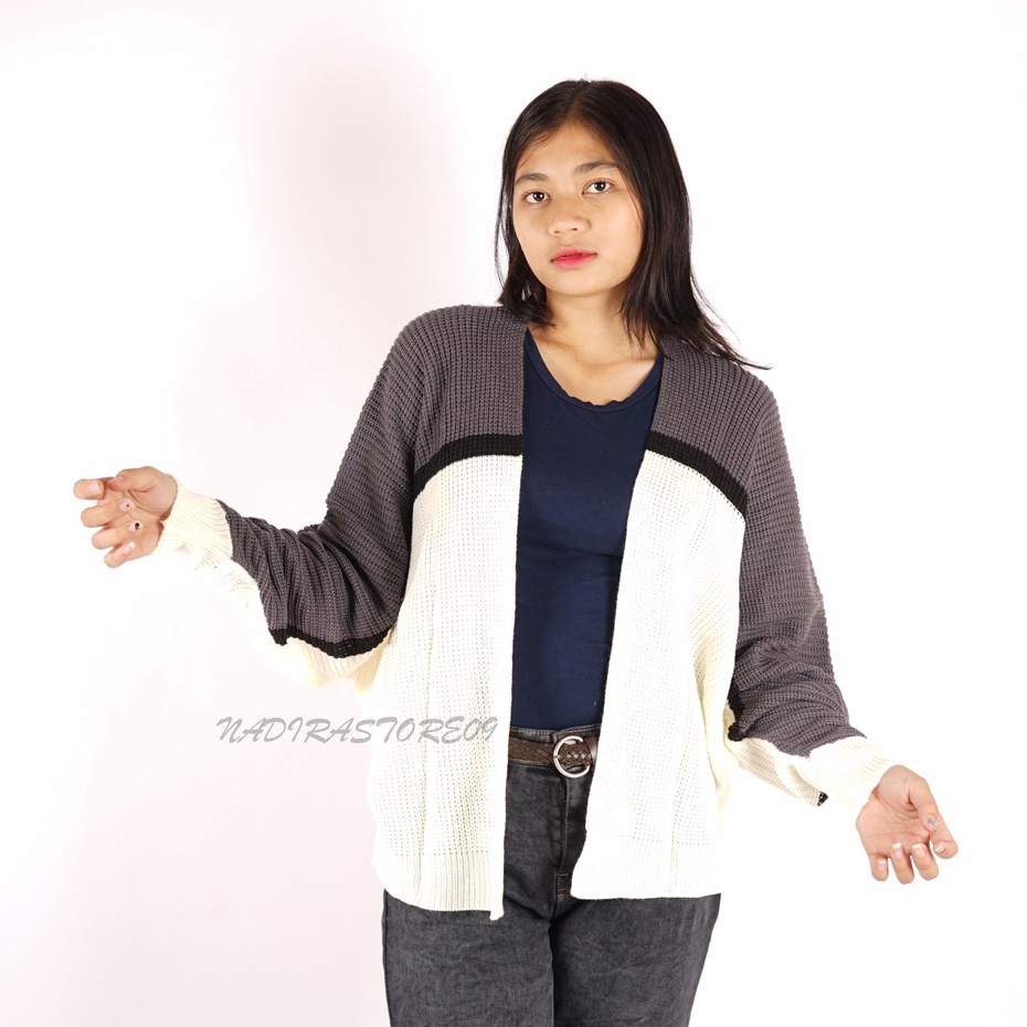 CARDIGAN BATWING RAJUT OVERSIZE PREMIUM / KOMBINASI / ABU TUA OFF WHITE STRIP HITAM