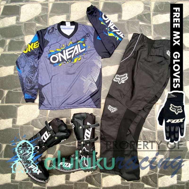 Jersey, Celana, Sarung Tangan &amp; Sepatu Fullprint with Protectors Fullset MX Trail Motocross - Paket Bundling ONCTFG100101-F41