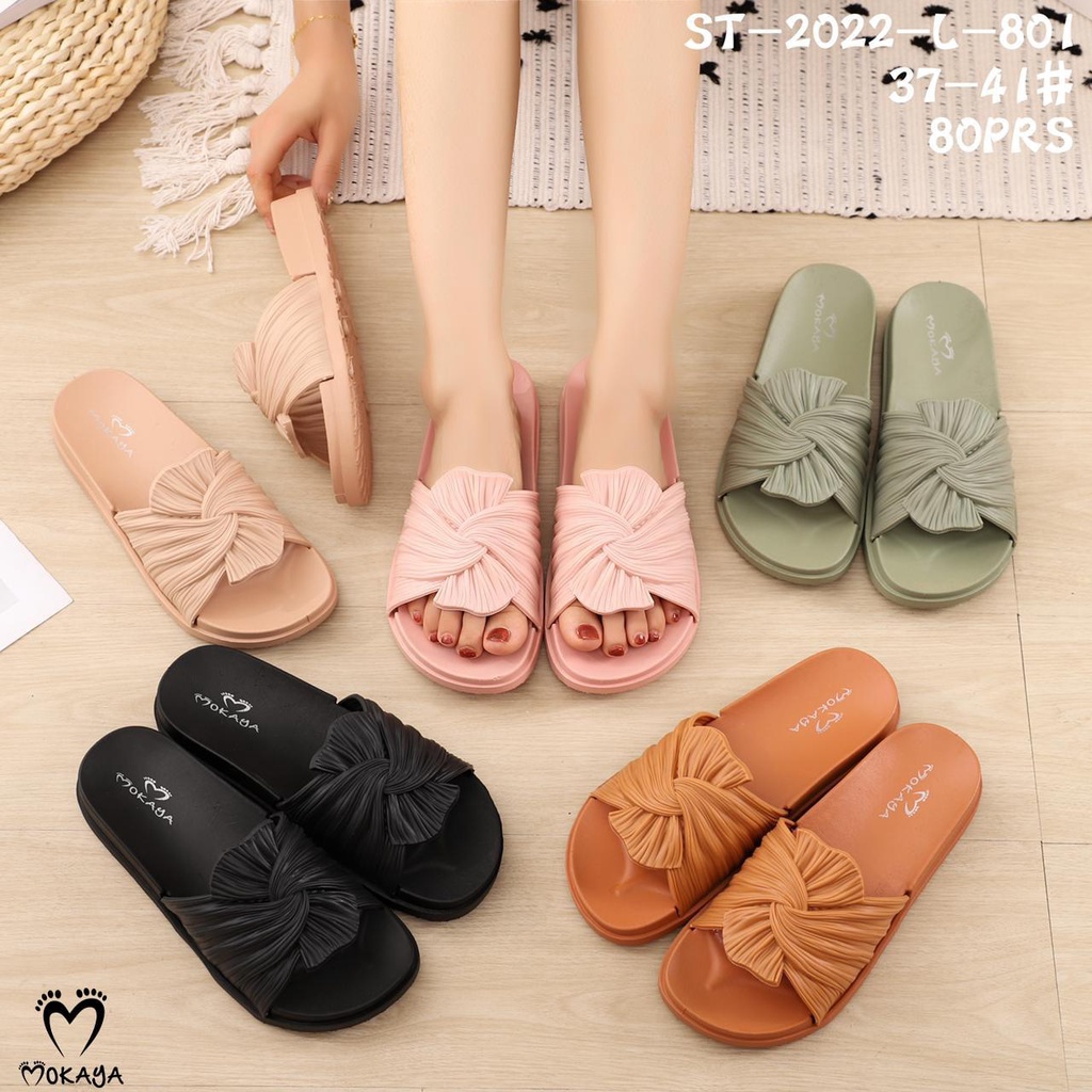 Sandal slop wanita ban pita miring kerut cantik Elegant Import Mokaya / Size 37-41 (ST-2022-L-801)