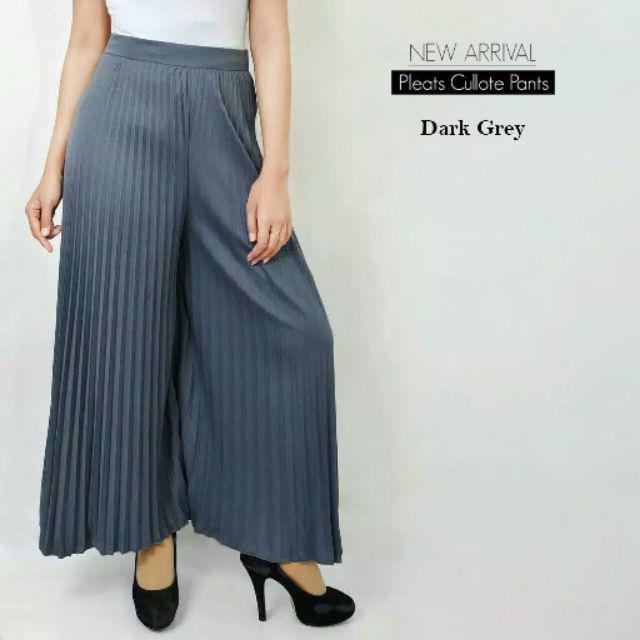 Celana kulot panjang plisket wanita / pleated skirt-DARK GREY