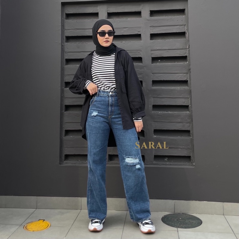Jual Layer Ripped Jeans | Highwaist wide leg baggy jeans ripped jeans