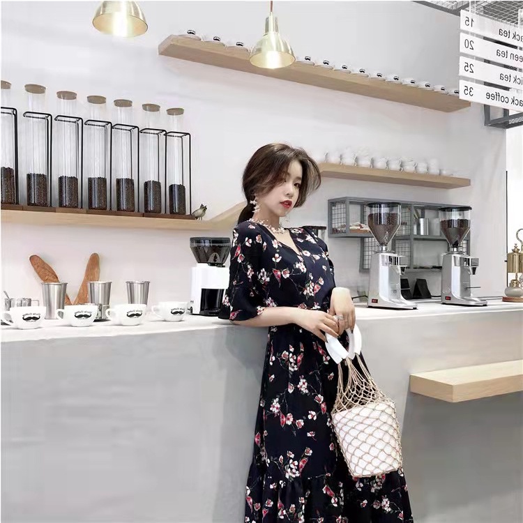 Dress Korea Panjang V-Neck A-Line || Dress Bangkok Bunga