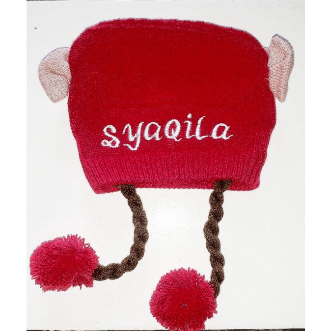 TOPI BAYI RAMBUT/KUPLUK KEPANG POMPOM GRATIS PASANG NAMA SUKA SUKA-Marun