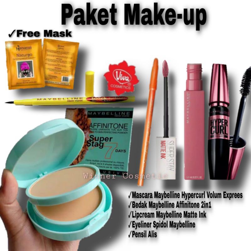 Paket Makeup Lengkap - Mascara - Pensil Alis - Bedak 2in1 - Eyeliner - Lipcream - Free Masker Naturg