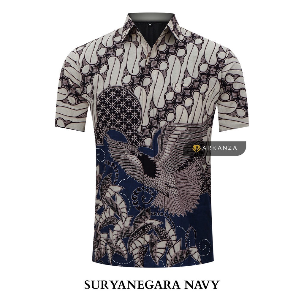 SURYANEGARA NAVY Hem Atasan Kemeja Baju Batik Pria Cowok Laki Laki Slimfit Full Lapis Furing Lengan Panjang Lengan Pendek Original Asli Batik Arkanza