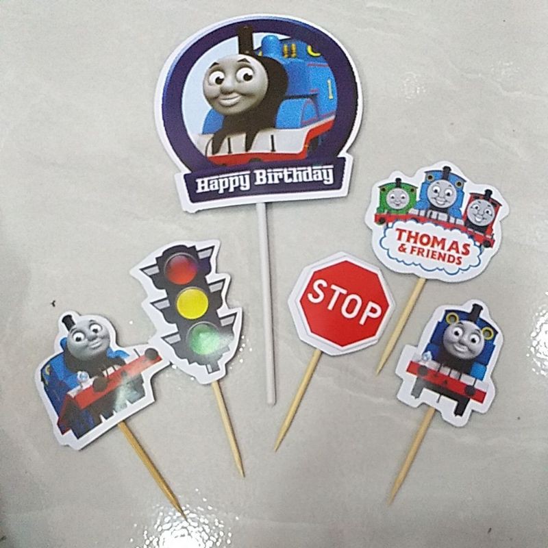background hiasan kue ulang tahun stiker tusuk thomas