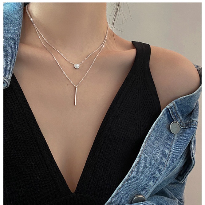 Kalung Choker Rantai 925 Silver Double Layer Dengan Liontin Zircon Bulat Untuk Wanita