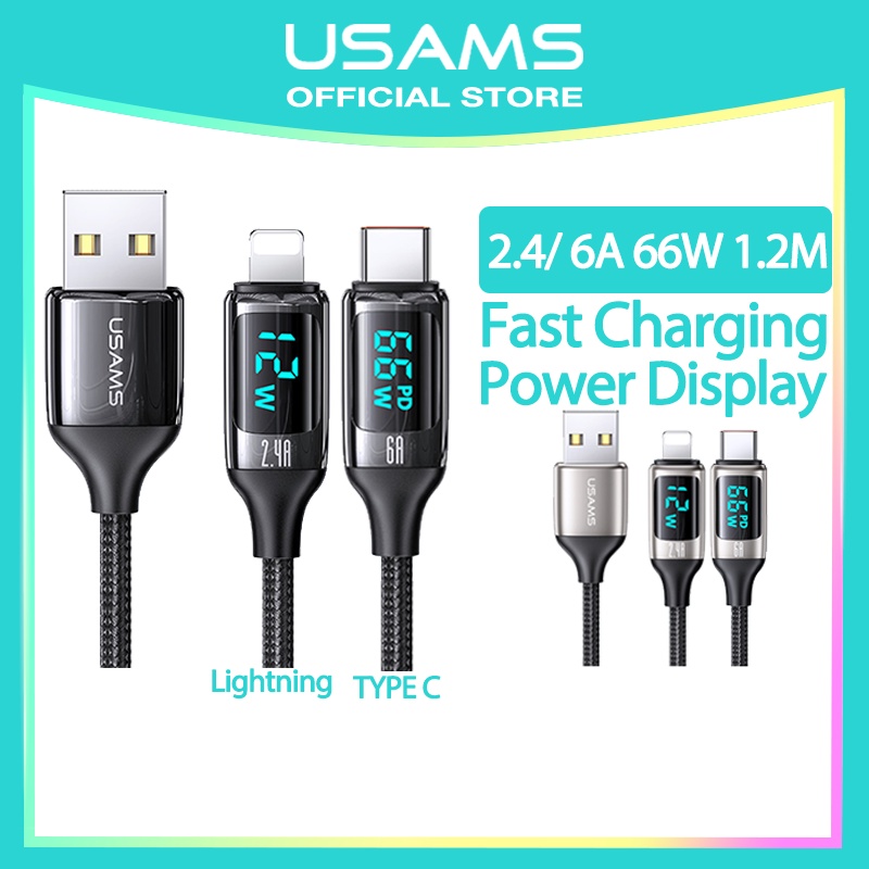 USAMS Official Original Kabel Data U78 Fast Charging USB IPHONE / TYPE C Digital Display Charging & Data Cable Kabel Lightning 6A Fast Charger Ori For Oppo/ Xiaomi/ Realme/ Vivo/ Samsung / Honor/ Android HP IP 11 12 13 Pro 7 6 Plus 6s 5s