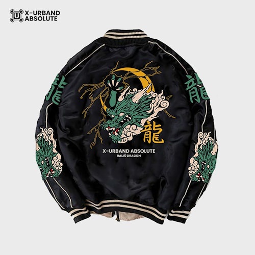 Varsity Jacket Baseball Dragon Ball Sukajan Jepang Naga Sharon Hijau Full Valhalla FLASHFIRE Bordir 