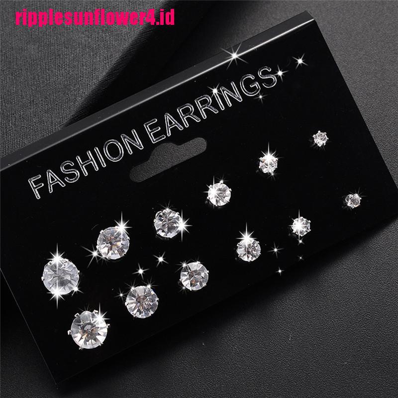 6 / 12 Pasang Anting Tusuk Kristal Berlian Imitasi Untuk Wanita