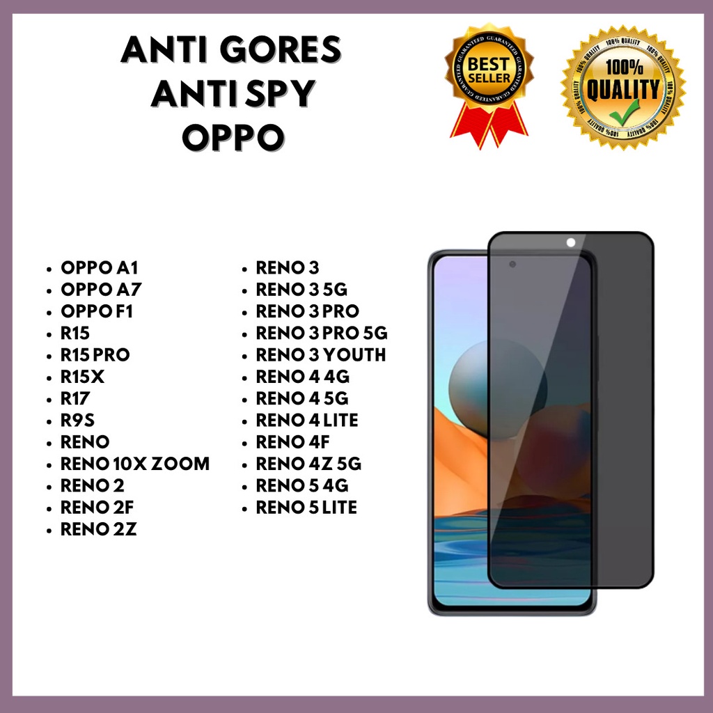 TEMPERED GLASS ANTI - SPY - OPPO A1-A7-F1-R15-R15 PRO-R15X-R17-R9S-RENO-RENO 10X ZOOM-RENO 2 2F-2Z-RENO 3-RENO 3 5G-3 PRO-3 PRO 5G-RENO 3 YOUTH-RENO 4 4G-RENO 4 5G-RENO 4 LITE-4F-4Z 5G-RENO 5 4G-RENO 5 LITE (HOKKY ACC)