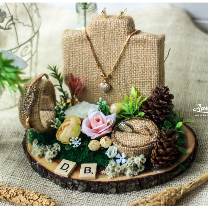 Kotak Perhiasan | Kotak Cincin | Slice Wood Rustic Fullset