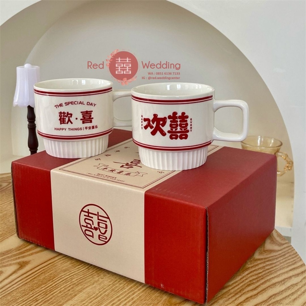 Gift Set Gelas Wedding Coffee Mug Bahan Keramik Putih Motif Shuang Xi Design Estetik Pengantin  dapat Gift Box Aesthetic