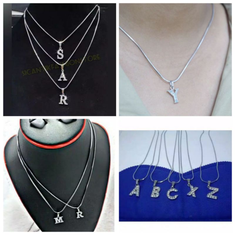 Kalung Huruf Inisial (A Sampai Z) Titanium Lengkap A-Z  KALUNG RHODIUM HURUF ANTI KARAT /KALUNG RHODIUM SILVER HURUF ANTI KARAT JENIS RANTAI OMEGA + GIFT KALUNG TITANIUM HURUF A Sampai Z-1