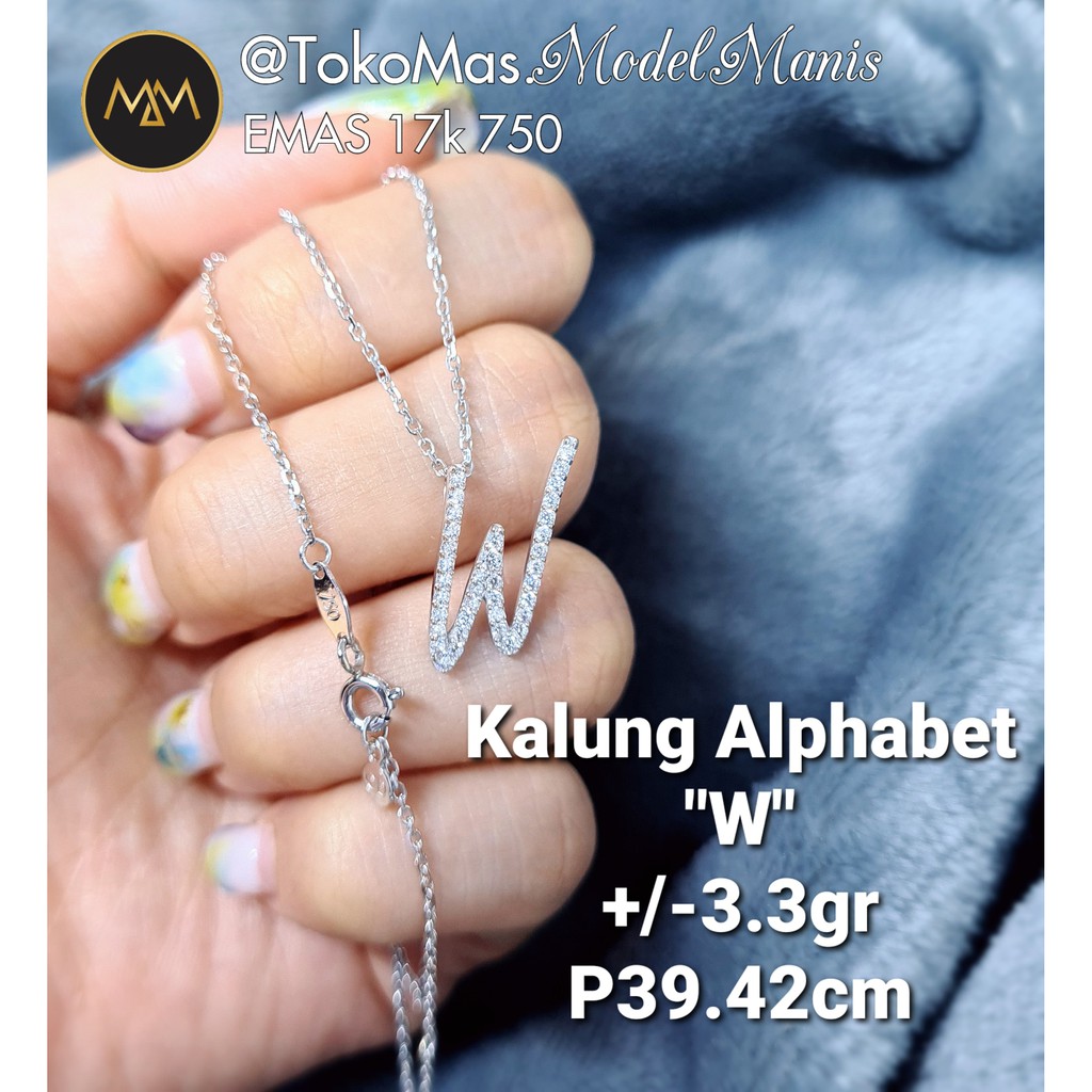 Kalung set liontin Alphabet huruf W UBS emas putih 750 kadar 17K
