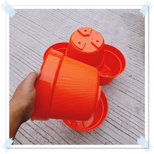 Promo Pot Bunga 25cm ORANGE Motif Kayu Pot Plastik 25 cm Bibit Bunga ORANGE Limited